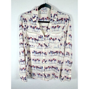 Express‎ Top PORTOFINO Womens SMALL White Shirt Button Up Palm Tree Art Deco